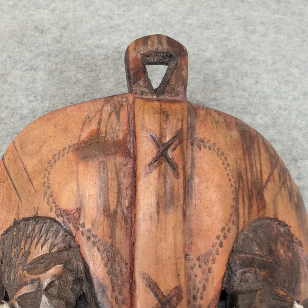 Hand Carved Wooden Tribal Wall Mask with White Bead Accents Brown Decor - Picture 4 of 7